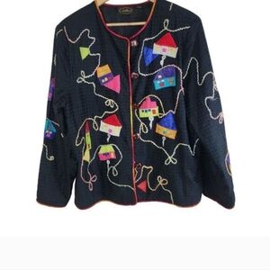 Julia Kim Allure Whimsical Black Quilted Blazer with Colorful House Appliqués